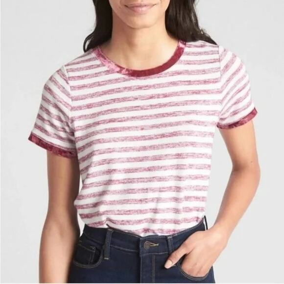 GAP Tops - GAP Y2K Burgundy Velour Velvet Striped‎ Short Sleeve Top Tee Size Small